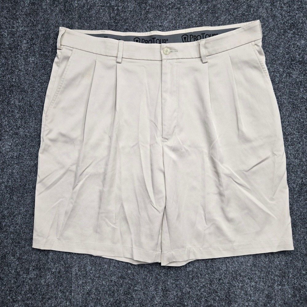 ProTour Mens Pleated Golf Shorts Khaki Tan Size 36 Performance Stretch